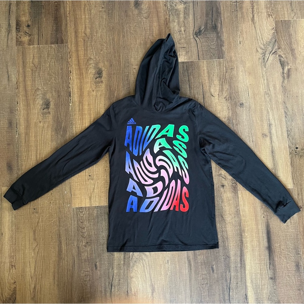 Adidas Warped Logo Long Sleeve Hooded T-Shirt Size Large